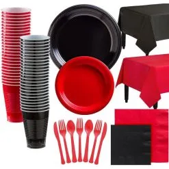 Black & Red Plastic Tableware Kit For 100 Guests