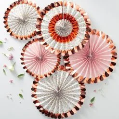 Ginger Ray Metallic Rose Gold And Patterned Paper Fan Decorations 5ct