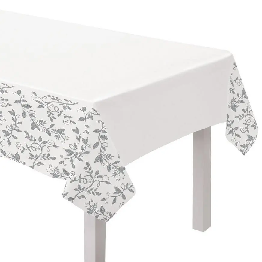 Silver & White 25th Anniversary Plastic Table Cover, 54in X 102in 3 Silver & White 25th Anniversary Plastic Table Cover, 54in X 102in