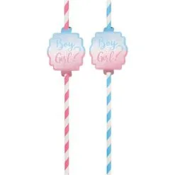 Boy Or Girl? Blue & Pink Striped Paper Straws, 12ct - The Big Reveal