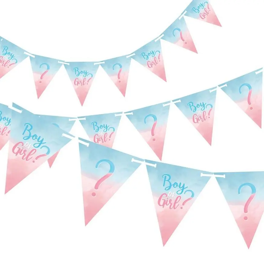 Boy Or Girl? Gender Reveal Paper Pennant Banner, 15ft - The Big Reveal 3 Boy Or Girl? Gender Reveal Paper Pennant Banner, 15ft - The Big Reveal