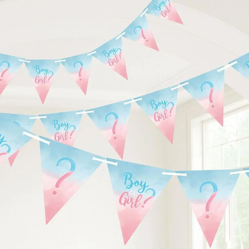 Boy Or Girl? Gender Reveal Paper Pennant Banner, 15ft - The Big Reveal 4 Boy Or Girl? Gender Reveal Paper Pennant Banner, 15ft - The Big Reveal - Image 2