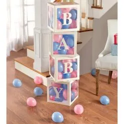 White Pop-Up Baby Block Decorations With Blue & Pink Mini Latex Balloons, 11.75in