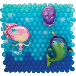 Air-Filled Underwater Mermaid, Narwhal & Octopus Foil & Latex Balloon Backdrop Kit, 6.25ft X 5.9ft
