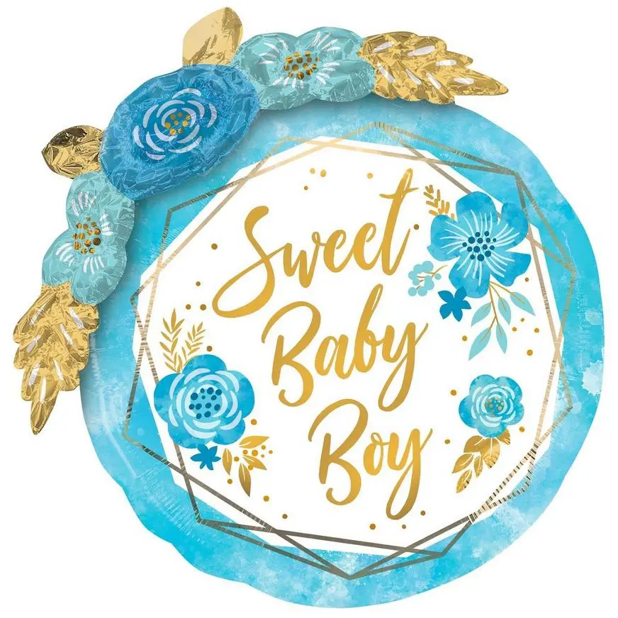 Blue Floral & Geometric Sweet Baby Boy Foil Balloon, 36in 3 Blue Floral & Geometric Sweet Baby Boy Foil Balloon, 36in