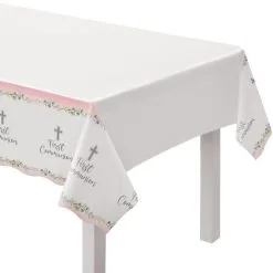 Pink My First Communion Plastic Table Cover, 54in X 102in