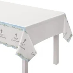 Blue My First Communion Plastic Table Cover, 54in X 102in