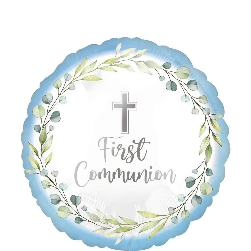 Blue Foliage My First Communion Foil Balloon, 17in 3 Blue Foliage My First Communion Foil Balloon, 17in