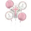 Pink Foliage My First Communion Foil Balloon Bouquet, 5pc -Costume Party Decor Store 936244