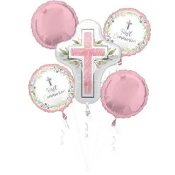 Pink Foliage My First Communion Foil Balloon Bouquet, 5pc