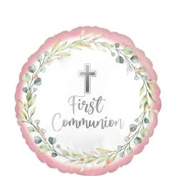 Pink Foliage My First Communion Foil Balloon, 17in