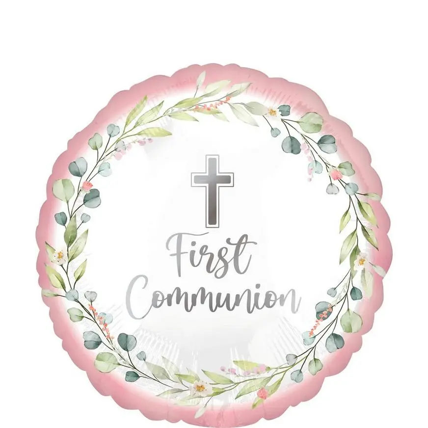Pink Foliage My First Communion Foil Balloon, 17in 3 Pink Foliage My First Communion Foil Balloon, 17in