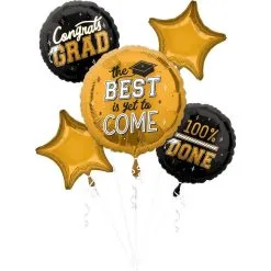 Black & Gold The Best Is Yet To Come Graduation Foil Balloon Bouquet, 5pc