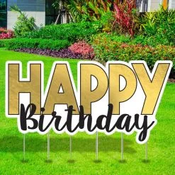 Black & Metallic Gold Happy Birthday Corrugated Plastic Yard Sign, 66.5in X 33.3in