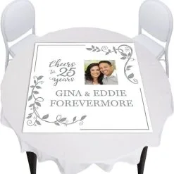 Custom Silver 25th Anniversary Vinyl Photo Square Table Topper, 40in X 40in