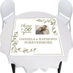 Custom Gold 50th Vinyl Photo Square Table Topper, 40in X 40in