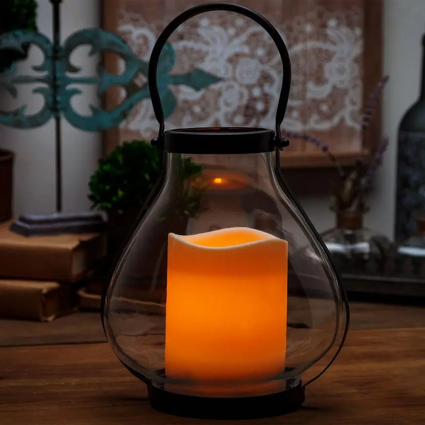 Schoolhouse LED Candle Metal & Glass Lantern, 8.25in X 10.25in 4 Schoolhouse LED Candle Metal & Glass Lantern, 8.25in X 10.25in - Image 2