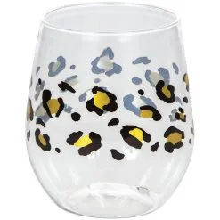 Black & Metallic Gold Leopard Print Plastic Stemless Wine Glass, 14oz