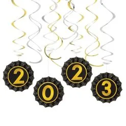 Black, Silver & Gold New Year's Eve 2023 Cardstock Swirl & Fan Decorations, 12pc