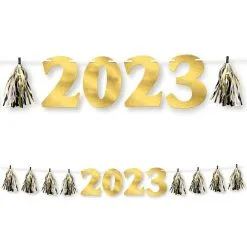 Black, Silver & Gold 2023 Cardstock & Foil Tassel Garland, 8ft