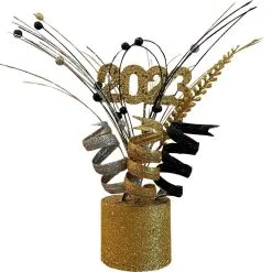 Glitter Black, Silver & Gold 2023 Spray Centerpiece, 8.5in X 9.5in