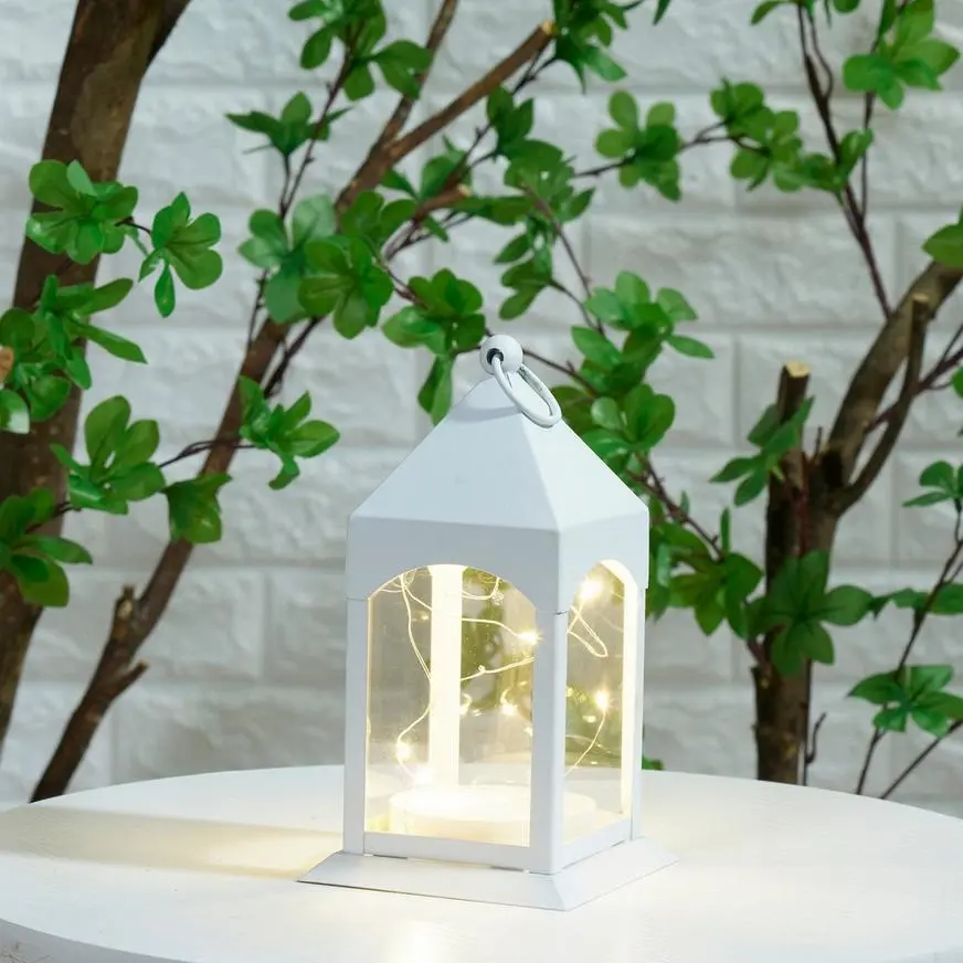 White Metal Lantern With Flickering LED Fairy Lights, 4in X 8in 3 White Metal Lantern With Flickering LED Fairy Lights, 4in X 8in
