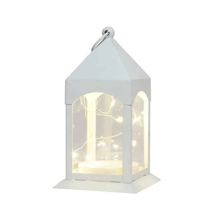 White Metal Lantern With Flickering LED Fairy Lights, 4in X 8in 4 White Metal Lantern With Flickering LED Fairy Lights, 4in X 8in - Image 2