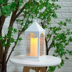 White Metal Lantern With Flickering LED Candle, 6in X 12.5in