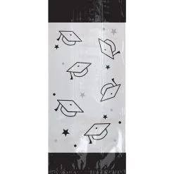 Black & Silver Mortarboard Graduation Cellophane Treat Bags, 4in X 9.5in, 20ct