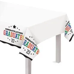 Multicolor Congratulations Graduate 2023 Plastic Table Cover, 54in X 102in - Graduation Brights