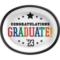Multicolor Congratulations Graduate 2023 Oval Paper Plates, 12in X 10in, 20ct - Graduation Brights