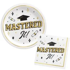 Black, White, & Gold Master's Graduation Lunch Plates (9in) & Lunch Napkins (6.5in) For 30 Guests