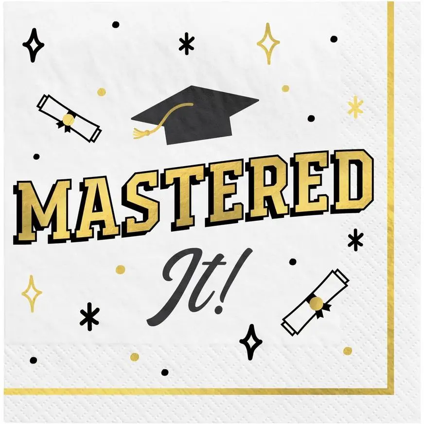 Black, White, & Gold Master's Graduation Lunch Plates (9in) & Lunch Napkins (6.5in) For 30 Guests 5 Black, White, & Gold Master's Graduation Lunch Plates (9in) & Lunch Napkins (6.5in) For 30 Guests - Image 3
