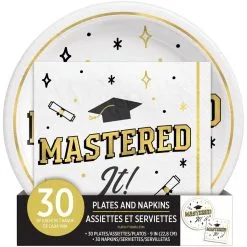 Black, White, & Gold Master's Graduation Lunch Plates (9in) & Lunch Napkins (6.5in) For 30 Guests 9 Black, White, & Gold Master's Graduation Lunch Plates (9in) & Lunch Napkins (6.5in) For 30 Guests -Costume Party Decor Store 953575 03