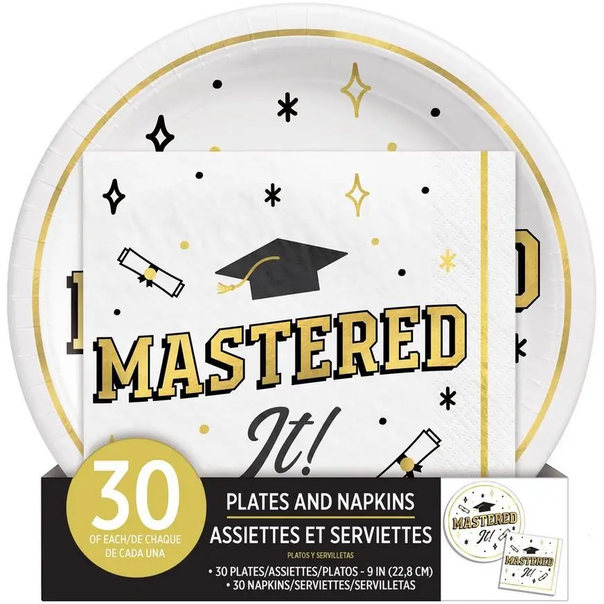 Black, White, & Gold Master's Graduation Lunch Plates (9in) & Lunch Napkins (6.5in) For 30 Guests 6 Black, White, & Gold Master's Graduation Lunch Plates (9in) & Lunch Napkins (6.5in) For 30 Guests - Image 4