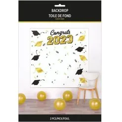 Metallic Gold & Black Congrats 2023 Graduation Plastic Scene Setter, 5.4ft X 5.4ft -Costume Party Decor Store 953608 02