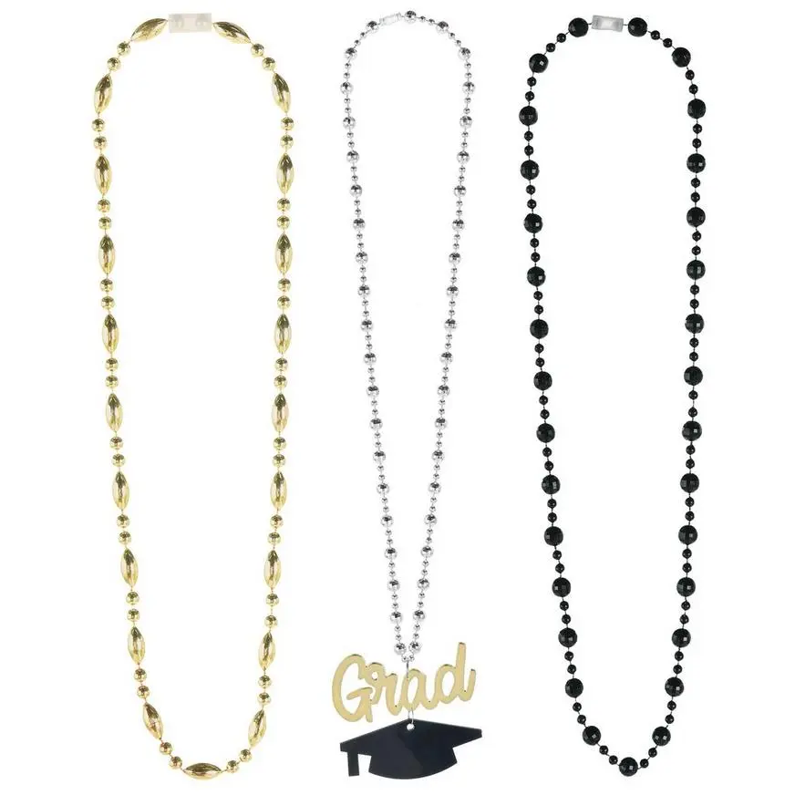 Black, Silver, & Gold Graduation Layered Bead Necklace, 20in 3 Black, Silver, & Gold Graduation Layered Bead Necklace, 20in