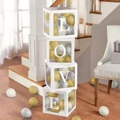 LOVE Cardstock Balloon Boxes (11.75in, 4pc) With Gold & Silver Latex Balloons (65ct)