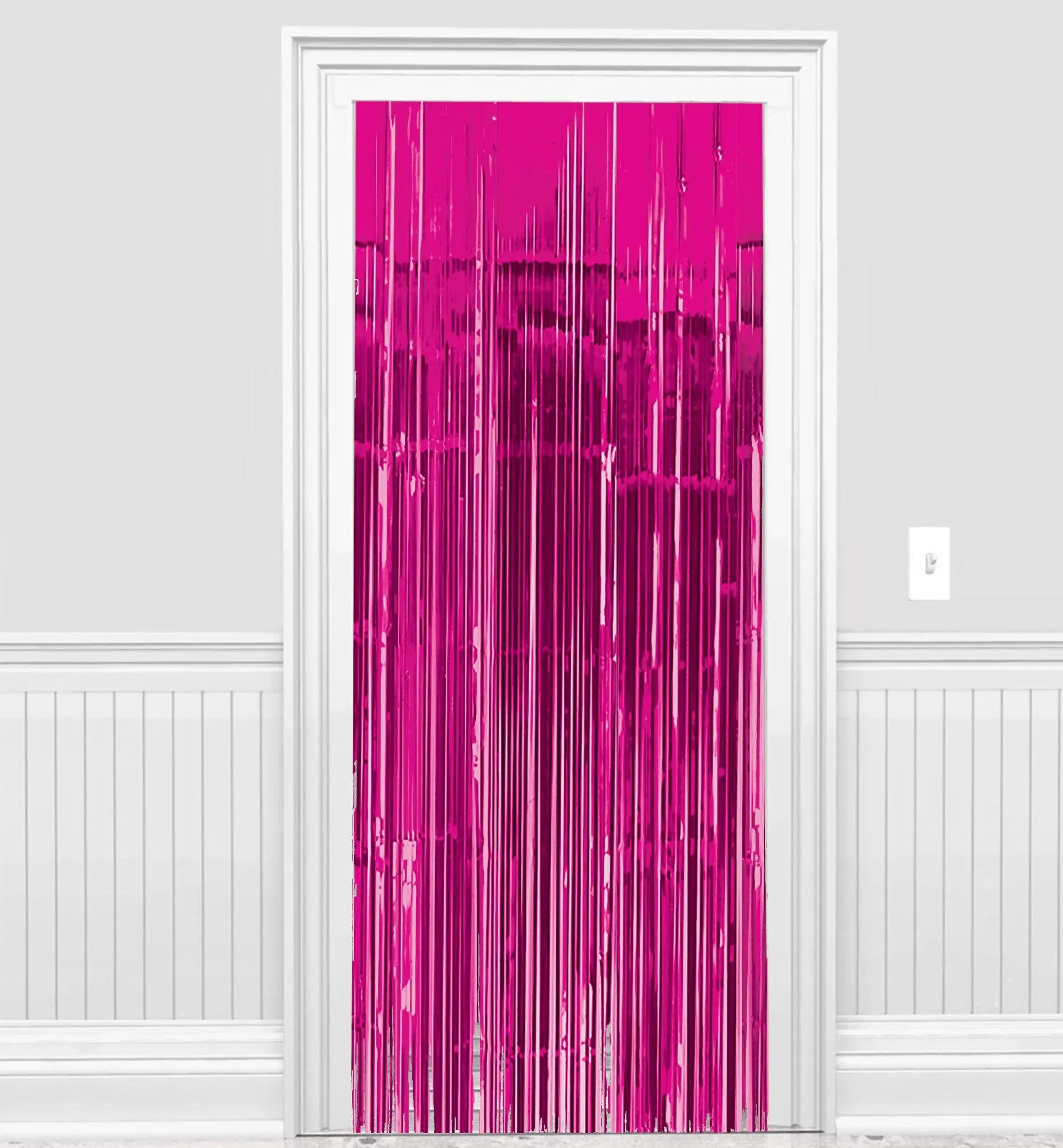 Bright Pink Foil Fringe Doorway Curtain, 3ft X 8ft 3 Bright Pink Foil Fringe Doorway Curtain, 3ft X 8ft