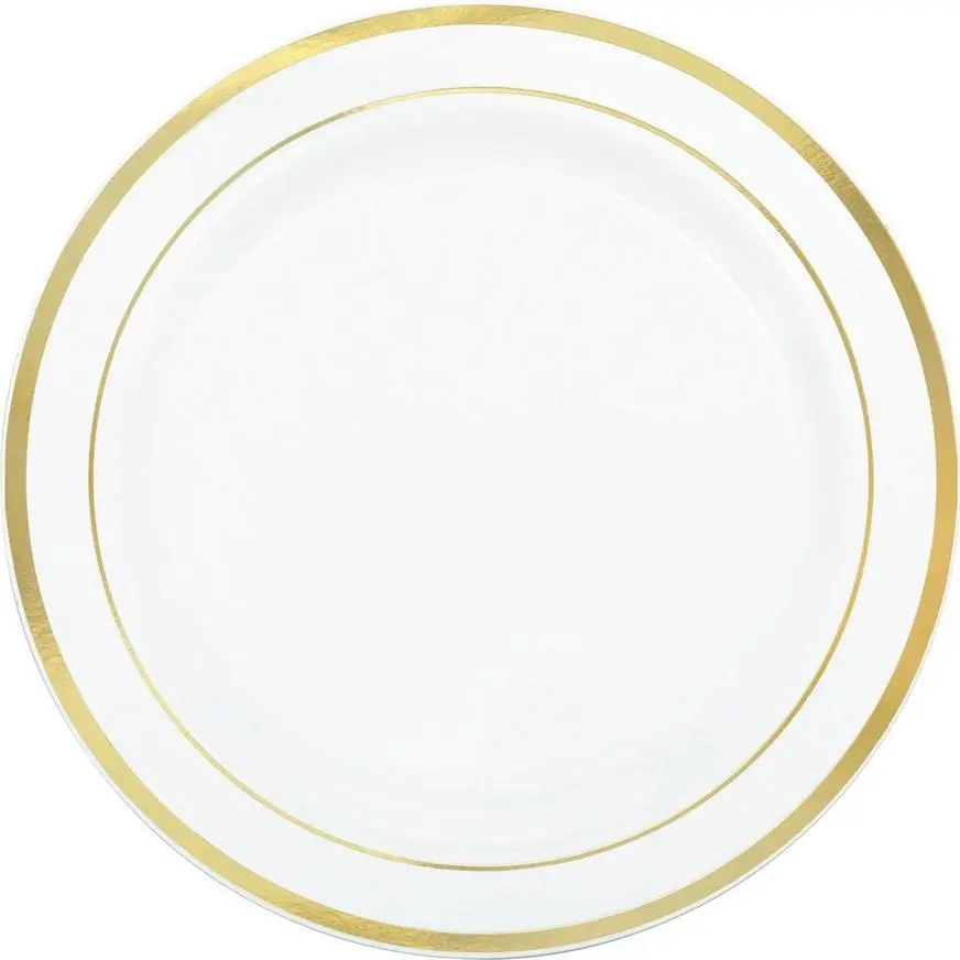 White Gold-Trimmed Premium Plastic Dinner Plates 10ct 3 White Gold-Trimmed Premium Plastic Dinner Plates 10ct
