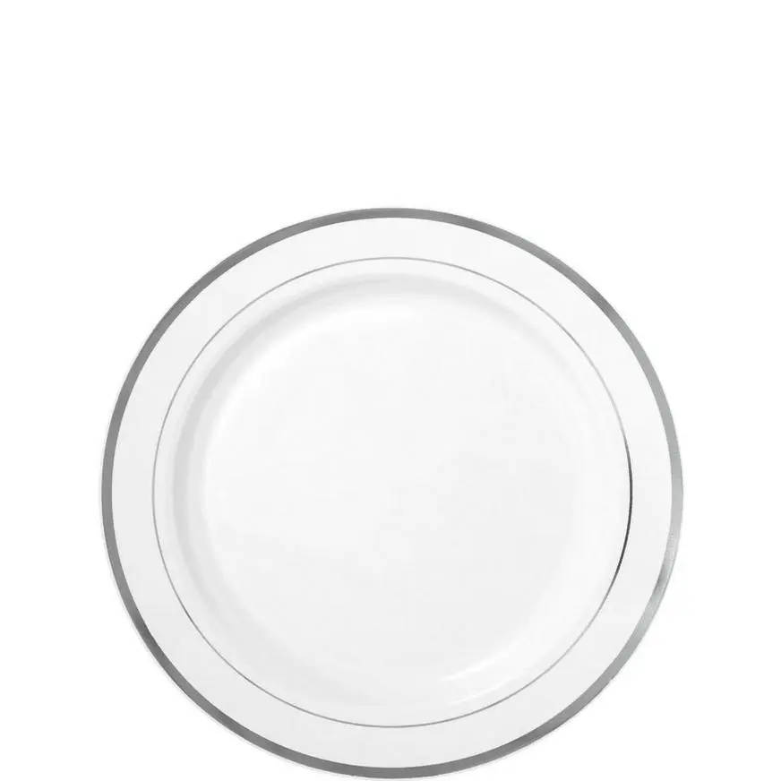 White Silver-Trimmed Premium Plastic Appetizer Plates 20ct 3 White Silver-Trimmed Premium Plastic Appetizer Plates 20ct