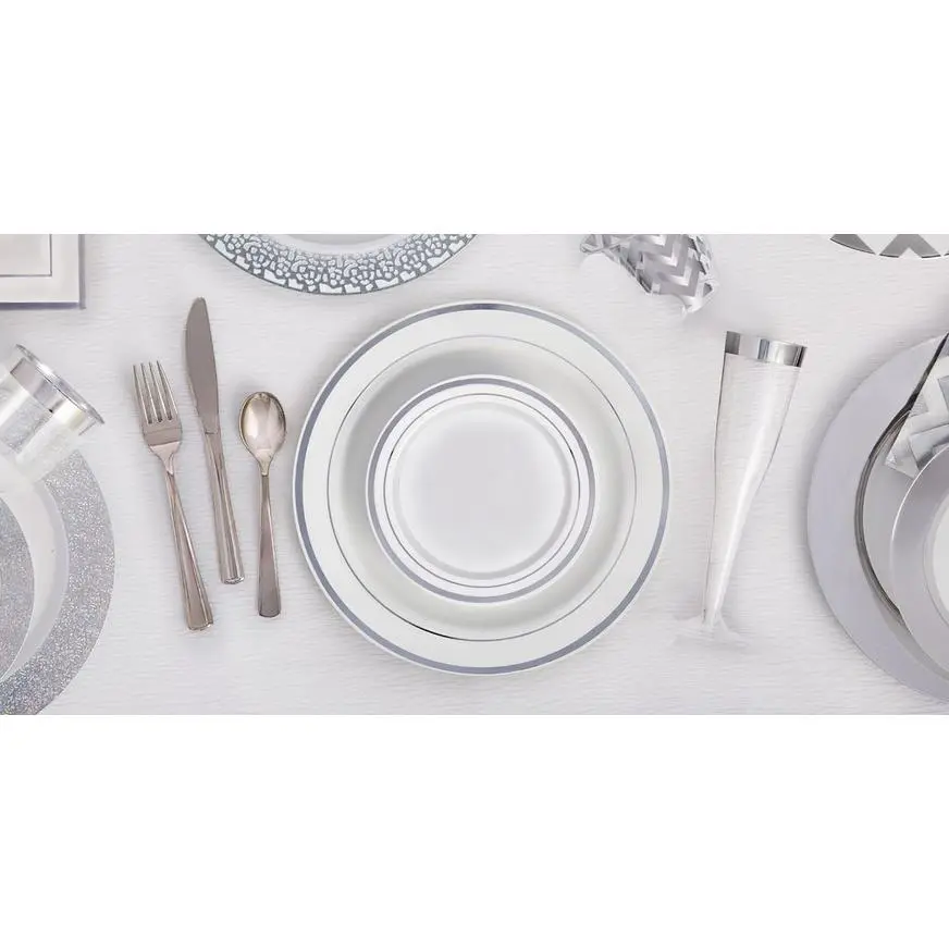 White Silver-Trimmed Premium Plastic Appetizer Plates 20ct 4 White Silver-Trimmed Premium Plastic Appetizer Plates 20ct - Image 2
