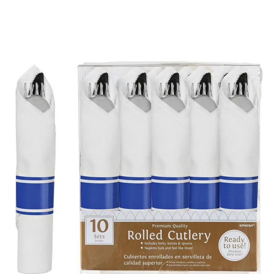 Rolled Metallic Silver Premium Plastic Cutlery Sets, 10ct - Royal Blue Band 3 Rolled Metallic Silver Premium Plastic Cutlery Sets, 10ct - Royal Blue Band