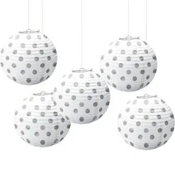 Mini White & Silver Polka Dot Paper Lanterns 5ct