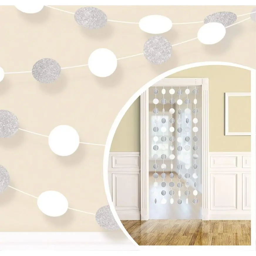 Glitter White & Silver Polka Dot String Decorations 6ct 3 Glitter White & Silver Polka Dot String Decorations 6ct