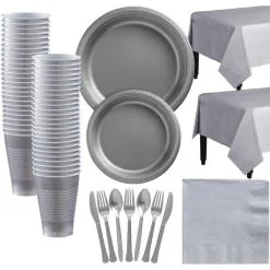 Silver Plastic Tableware Kit For 50 Guests