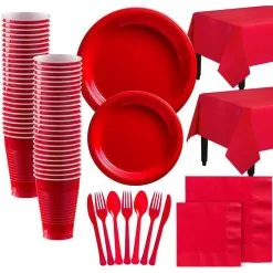Red Plastic Tableware Kit For 100 Guests