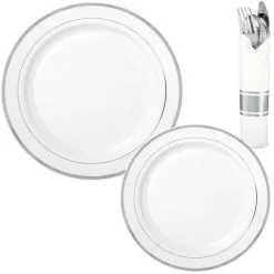 White Silver-Trimmed Premium Tableware Kit For 40 Guests
