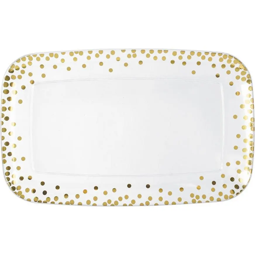 Metallic Gold Polka Dots Plastic Rectangular Platter, 18in X 11in 3 Metallic Gold Polka Dots Plastic Rectangular Platter, 18in X 11in