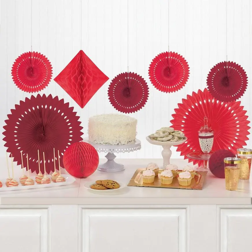 Red Paper Fan & Honeycomb Decorations, 9pc 2 Red Paper Fan & Honeycomb Decorations, 9pc